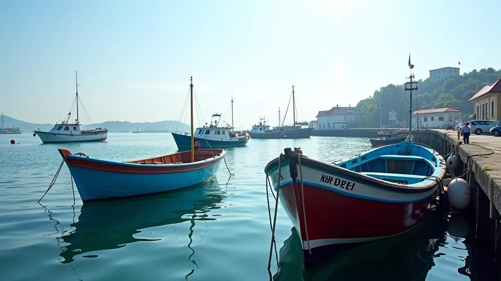 Šventosios uosto paveikslėlis su žvejybos laivais ir mėlyną jūra, ryto šviesa