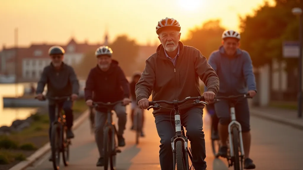 Senjorų grupė važiuoja dviračiais pajūrio keliuku